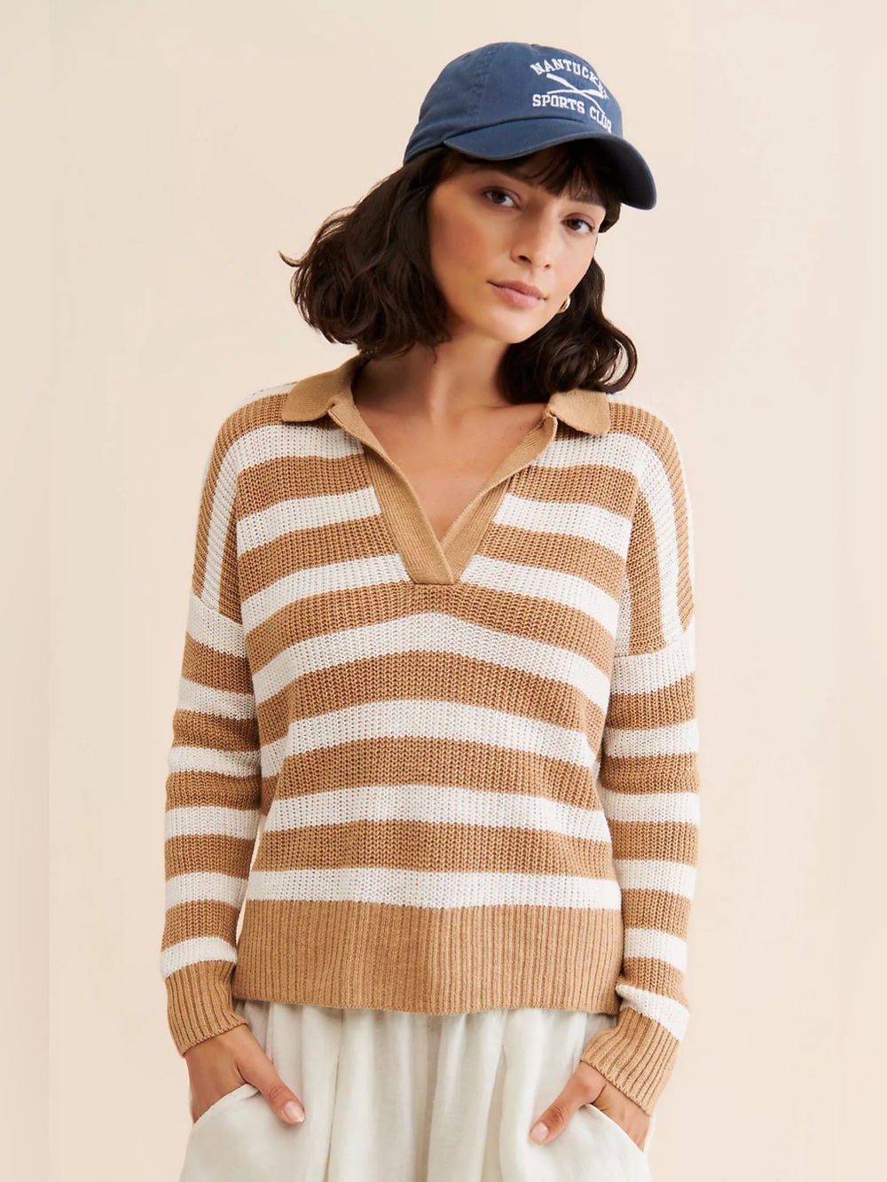 Faherty Miramar Polo Sweater Tan Ivory Stripe Linen Cotton S